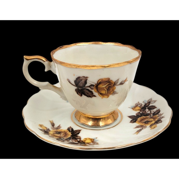 Yellow Rose Footed Tea Cup & Saucer Japan Porcelain Gold Trim Footed Cup 1960's - Picture 3 of 8